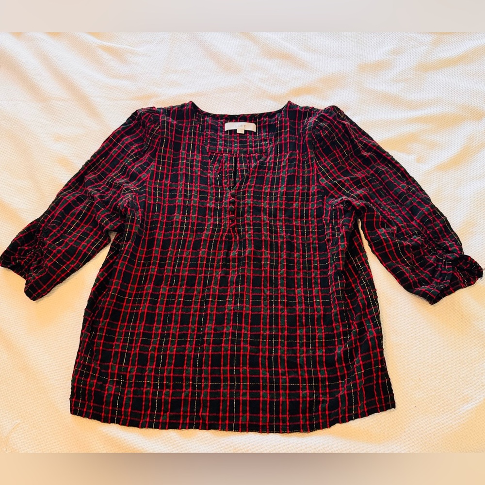 LOFT Black Red Green Gold Plaid V-Neck Blouse Puff Sleeve Top Women’s Shirt - Picture 2 of 16